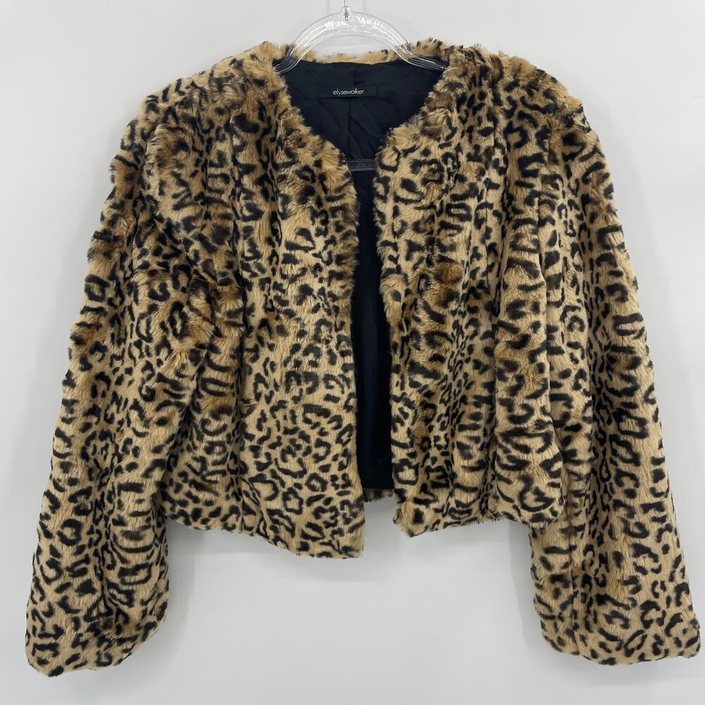 ELYSE WALKER Leopard Faux Fur Cropped Jacket Size S Open Front Lined Elysewalker